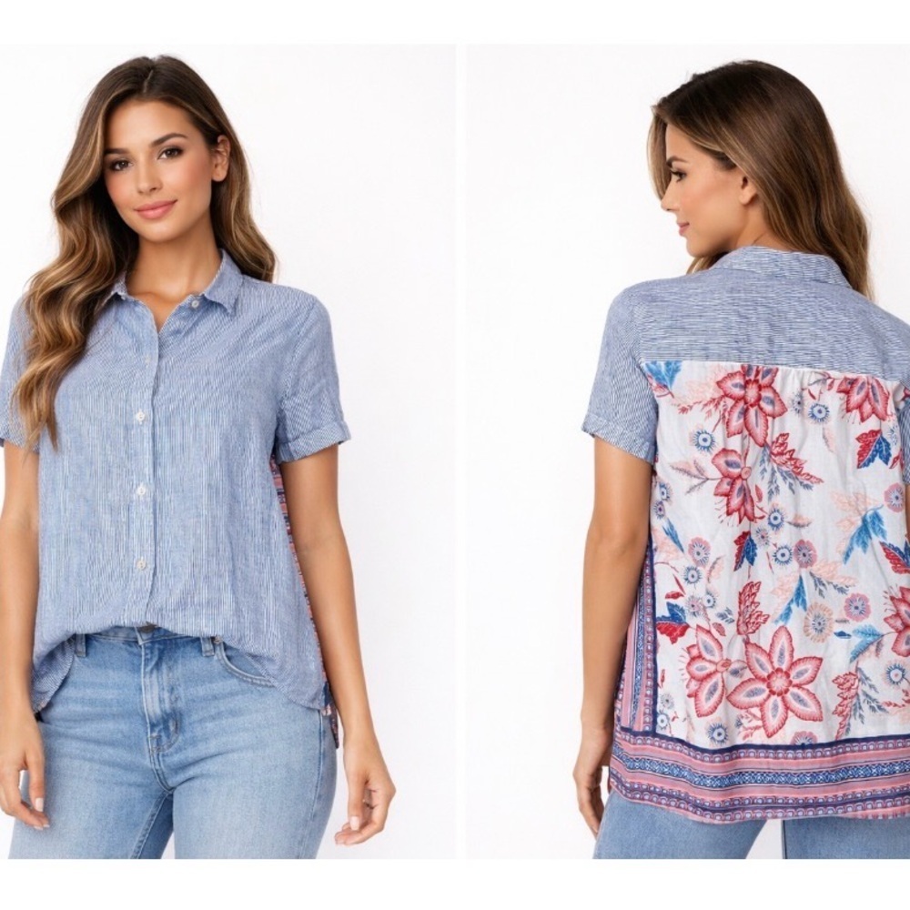 J. Jill button down button top 100% linen mixed media blouse top SM embroidered